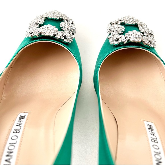 MANOLO BLAHNIK | Emerald Green Satin Jewel Buckle Crystal Pumps Heels US 6 EU 36 - Picture 9 of 15